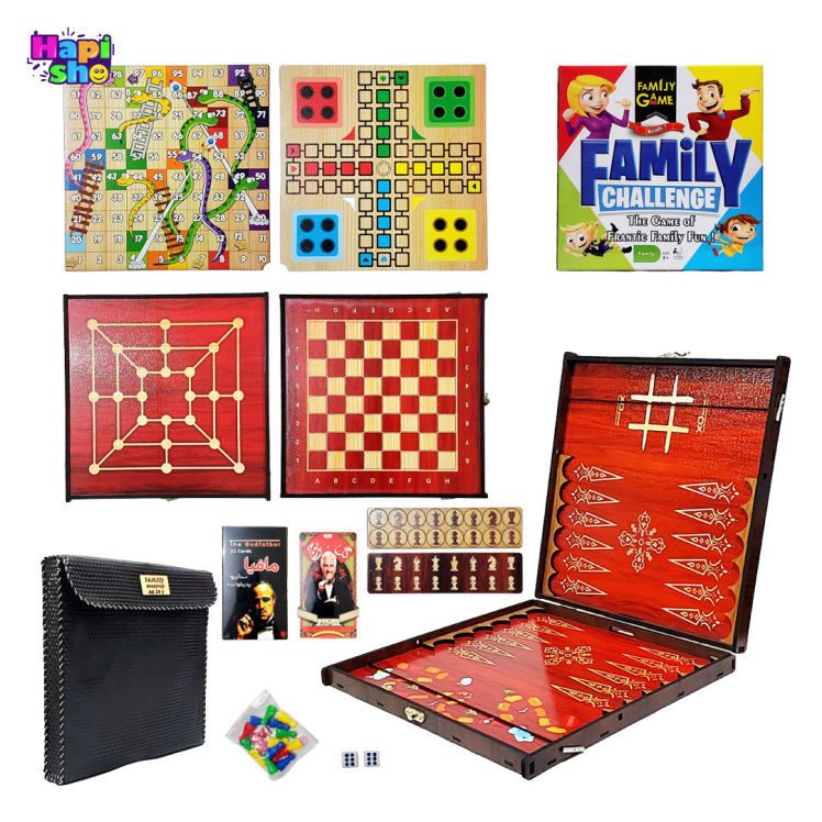 بازی فکری چوبی 10 کاره مسافرتی با کیف چرمی دست‌دوز مدل Family Game