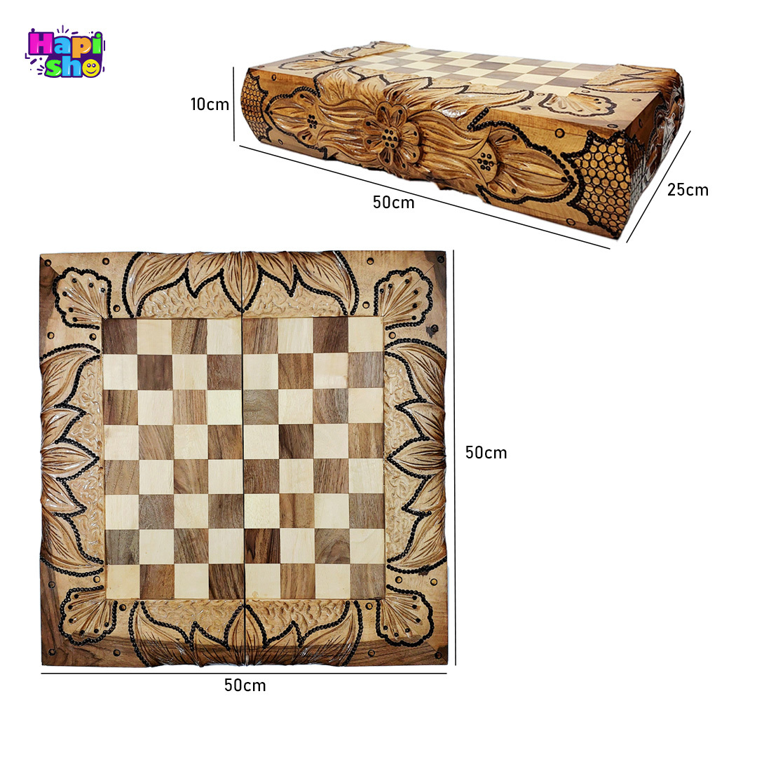 ابعاد و اندازه تخته نرد منبت کاری چوب گردو سنندج با معرق ستاره و شطرنج ۵۰ سانت کد ۴۶۴