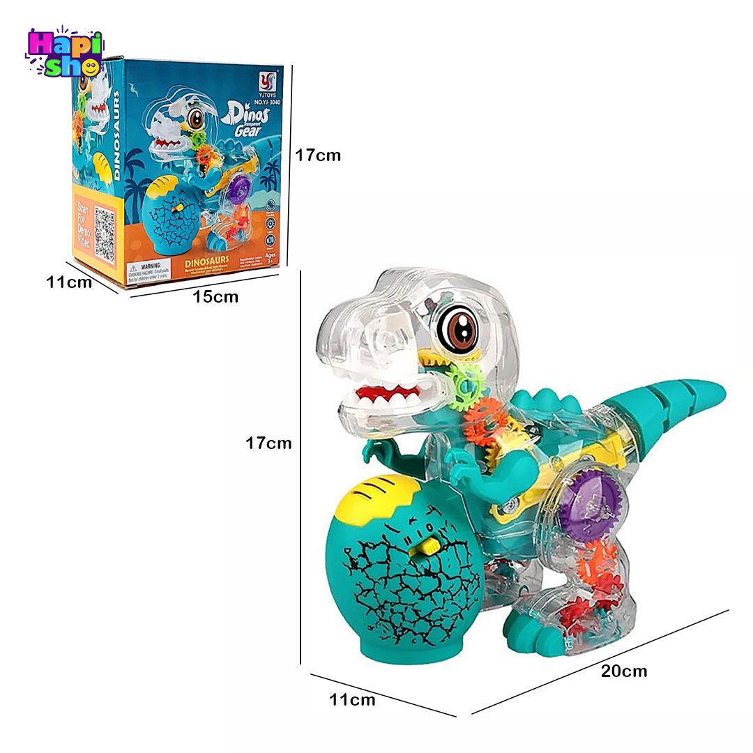  ابعاد و اندازه اسباب بازی موزیکال متحرک دایناسور چراغ‌دار مدل Dinos Transparent Gear–اسباب بازی 