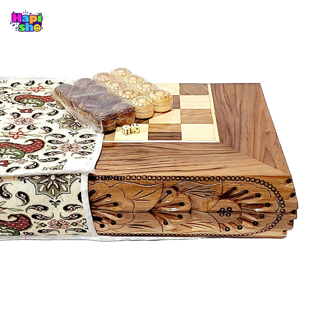  اقلام همراه تخته نرد چوب گردو دور منبت کاری سنندج با طرح معرق ستاره 50 سانتی کد 385–تخته نرد 