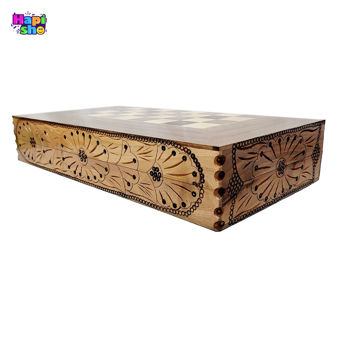  منبت کاری طرح گل دور تخته نرد و شطرنج چوب گردو سنندج با منبت کاری و معرق 50 سانت کد 393–تخته نرد 