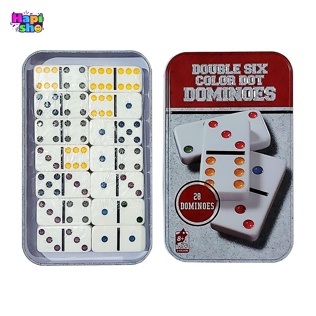 خرید دومینو سنگی جعبه فلزی با نقطههای رنگی مدل DOUBLE SIX COLOR DOT