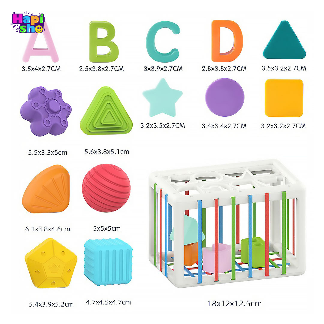  اقلام همراه اسباب بازی مکعب هوش هانگر جایگذاری اشکال و حروف SHAPE SORTING BABY TOY 