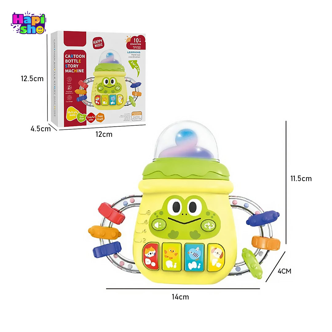  ابعاد و اندازه جغجغه و دندانگیر موزیکال مدل شیشه شیر با طرح قورباغه CARTOON BOTTLE 