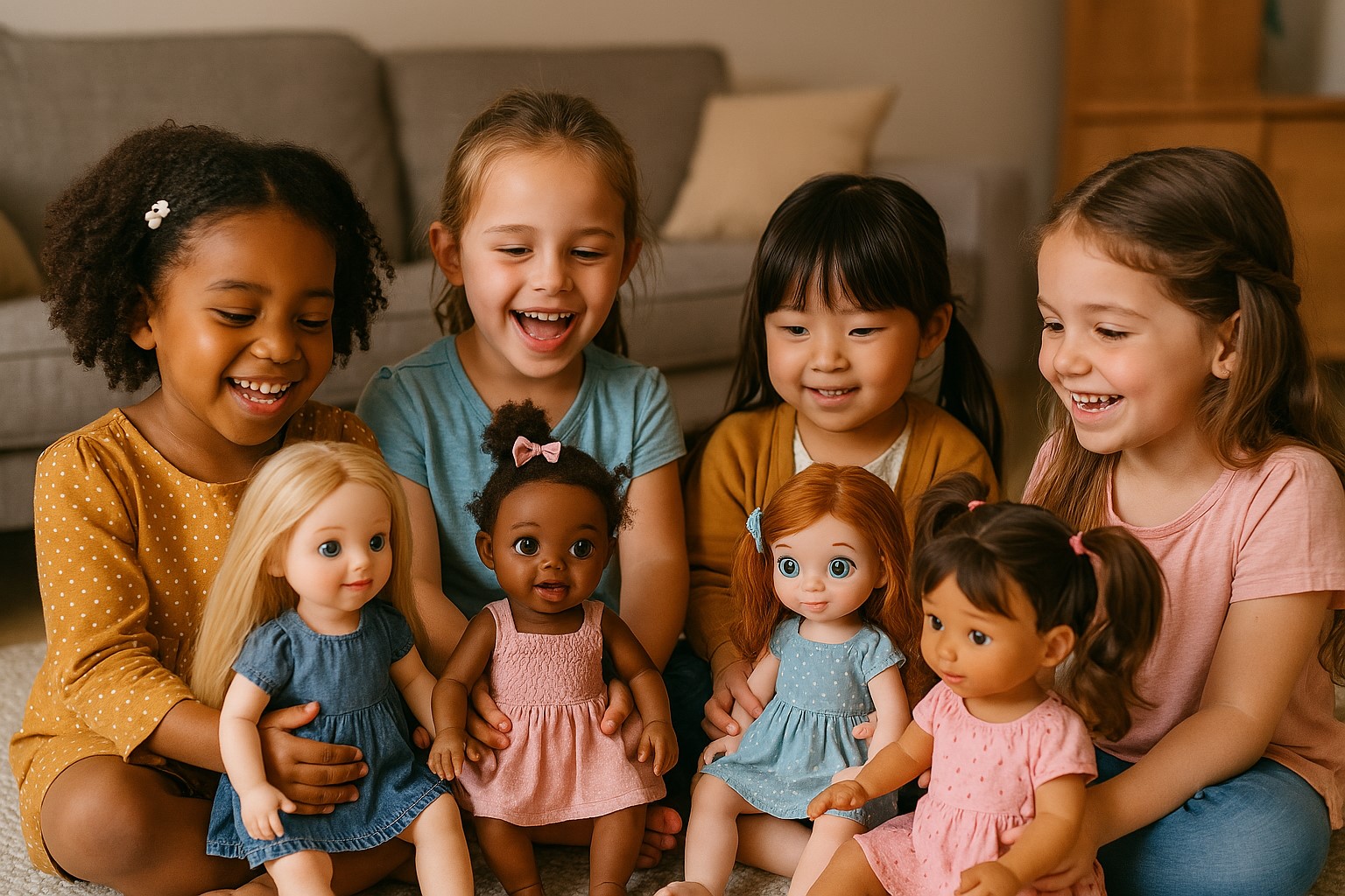 چند کودک در حال بازی گروهی با عروسکهای دخترانه