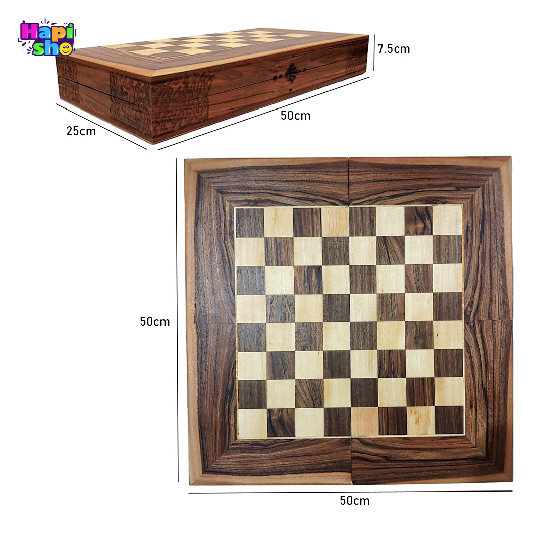 ابعاد و اندازه تخته نرد ریشه گردو منبت کاری شده با شطرنج طرح سایان 50 سانتی کد 481